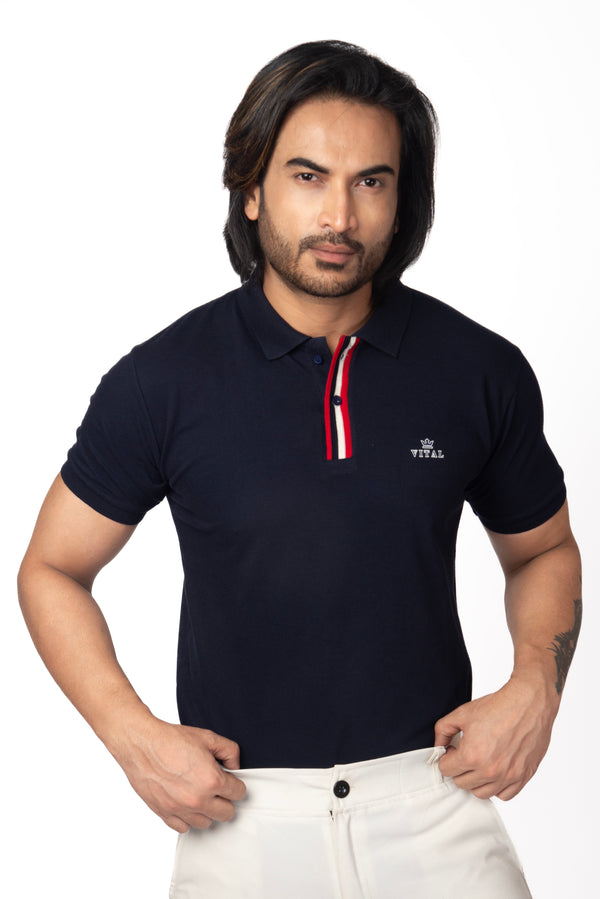 Flat Knit Polo T-shirt with Contrast Placket