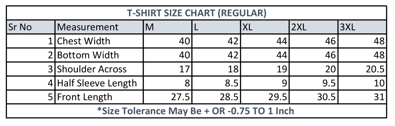T-shirt Size Chart